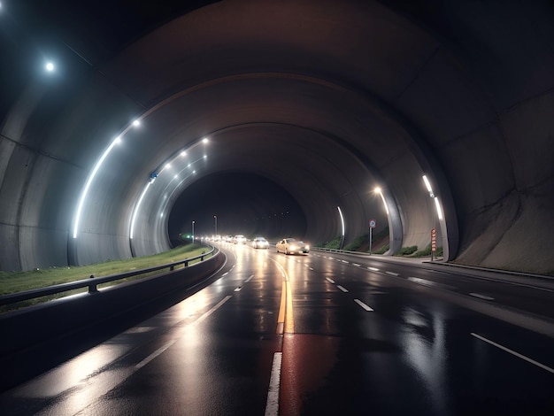 Highway road tunnel with car light