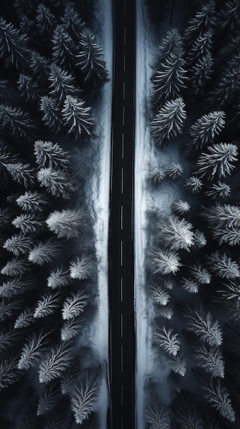 Highway road in winter with a snowy forest and fir trees in the snow Landscape with a view from above from a drone