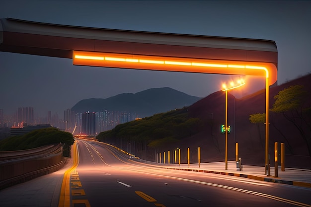 A highway road with a light on it and bridge with mountain landscape on background