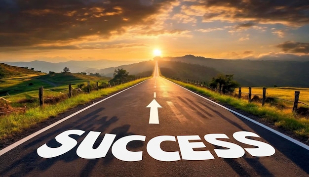 Photo highway to success road with success text for career and business strategy concept at sunset