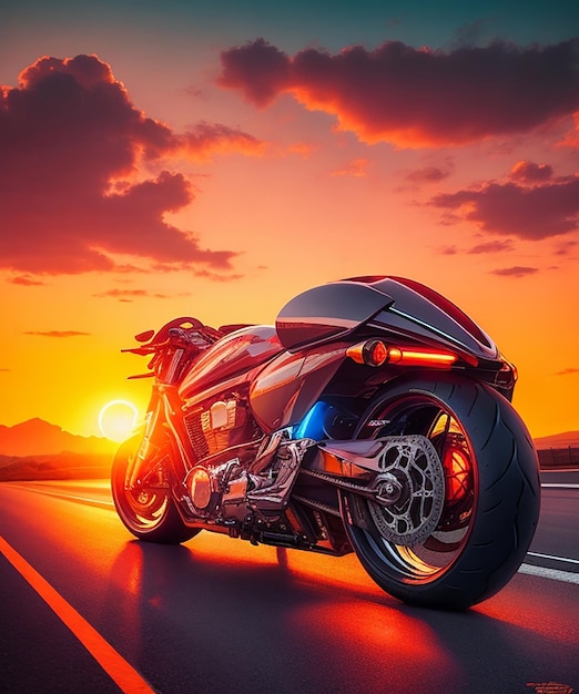 Foto tramonto della strada principale moto futuristica