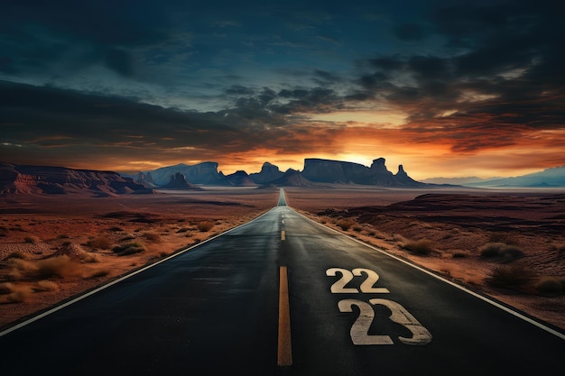 Highway at sunset with mountains in the background