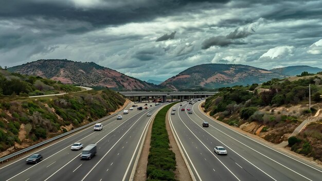 Highway surrounded by hills under the cloudy sky