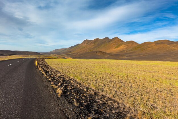 Highway through Iceland field landscape under a blue summer sky