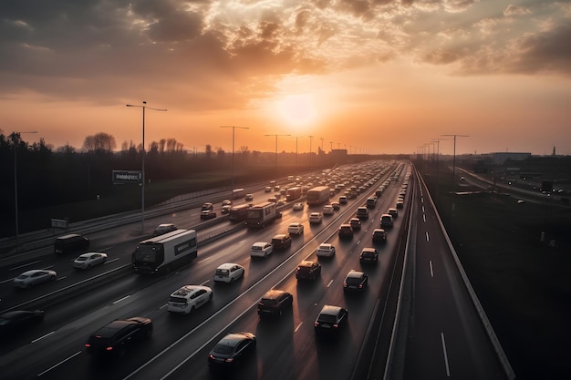 Фото Автомагистральный трафик на восходе или заходе солнца нейронная сеть генерирует фотореалистическое изображение