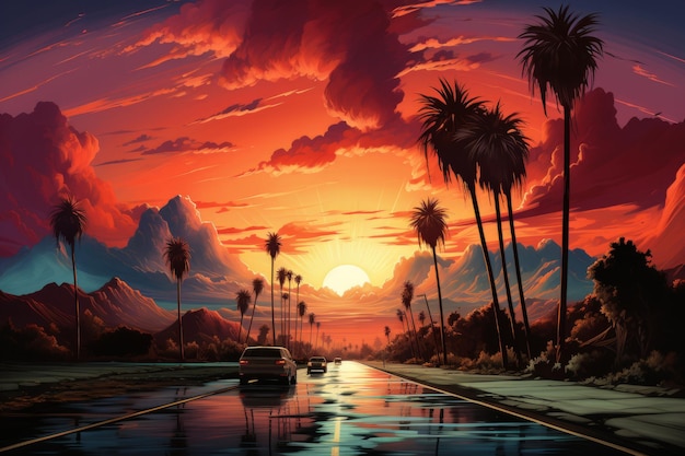 Highway during a vibrant sunset with silhouettes of palm trees Generative AI