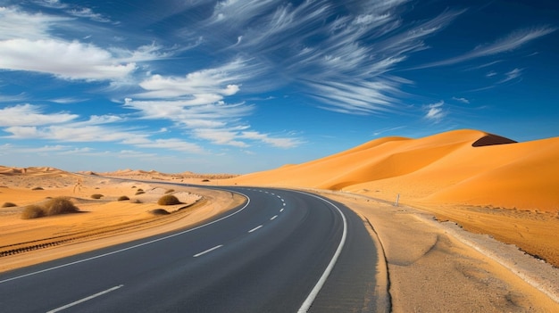 The highway winds its way through a vast expanse of sand dunes creating a stunning contrast against