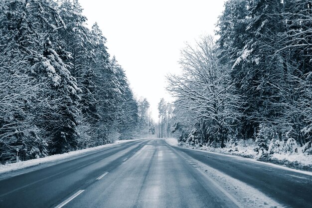 highway in winter through a snowy forest