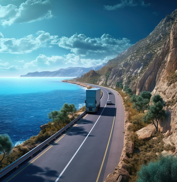 青い空と海沿いを走るトラック。