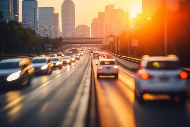 a highway with cars and one with the word  on it