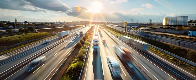 Foto un'autostrada con le macchine che passano nel tramonto