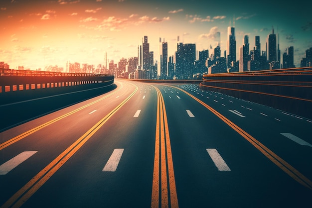 A highway with a city in the background