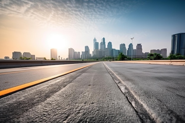 A highway with a city skyline in the background