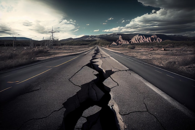 Foto autostrada con crepe e asfalto sfigurato dopo il terremoto