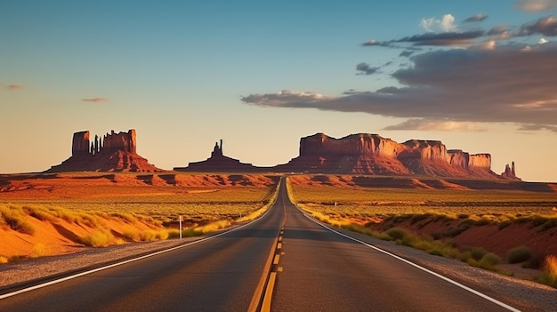 A highway with a desert landscape in the background