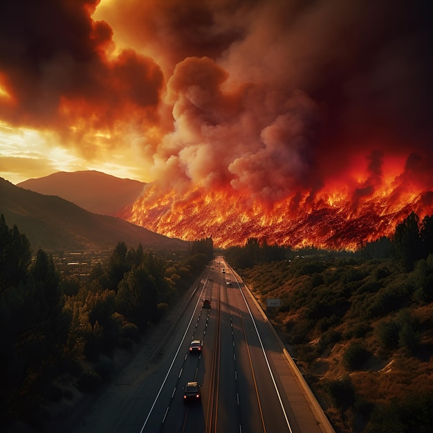 A highway with a fire in the background and cars driving on the road