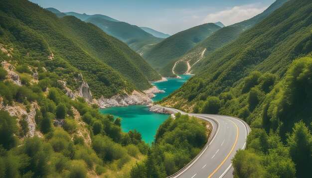 a highway with a green lake in the background