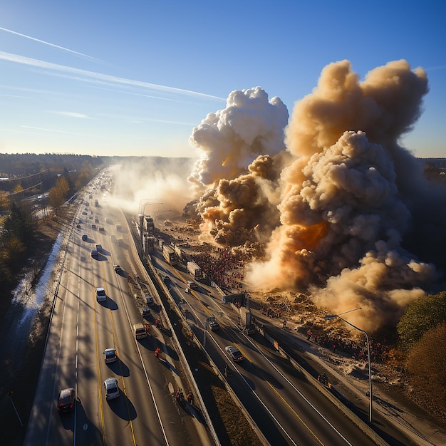 a highway with a lot of smoke and a plane flying in the sky