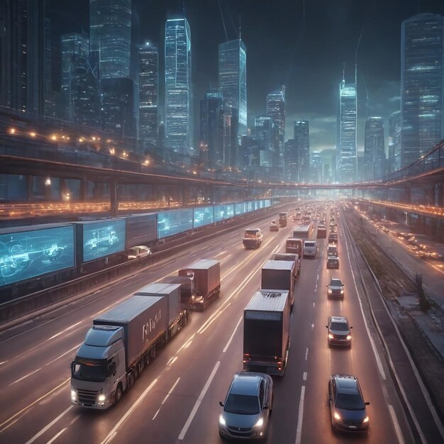 Photo a highway with a lot of trucks on it and a city in the background
