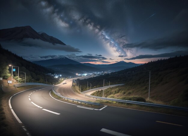 Photo a highway with a mountain in the background at night with a sky full of stars and a milky like lig