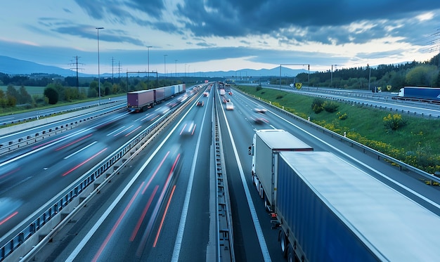 Foto un'autostrada con un camion e un camion di scatola su di esso