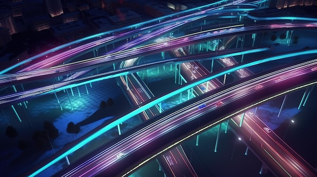 Foto autostrada con percorsi di luce del veicolo che conducono alla moderna notte illuminata paesaggio urbano moderno illustrazione futuristica delle tecnologie future ia generativa