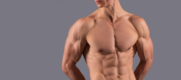 Hij heeft een spectaculaire torso Shirtless man met gespierde torso Fit man grijze achtergrond Man sexy kale torso banner met kopie ruimte