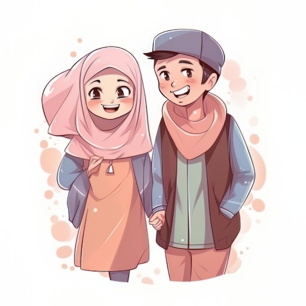 Hijab boy and girl cartoon vector illustration Muslim family