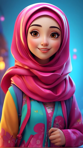 Хиджаб - персонаж мультфильма с веселым выражением, яркими цветами, динамичной позой, выразительными глазами.