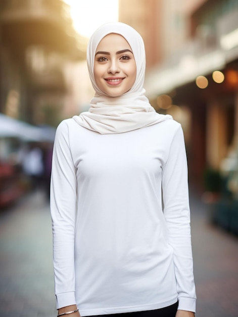 写真 ヒジャブを着た女の子の長袖のtシャツのモックアップ