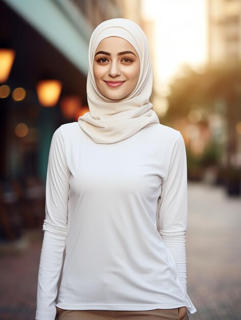 写真 ヒジャブを着た女の子の長袖のtシャツのモックアップ