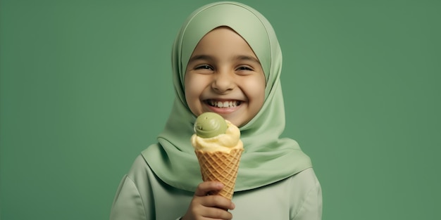 Hijab girl with ice cream in waffle cone Portrait of smiling muslim kid eating ice cream on green b