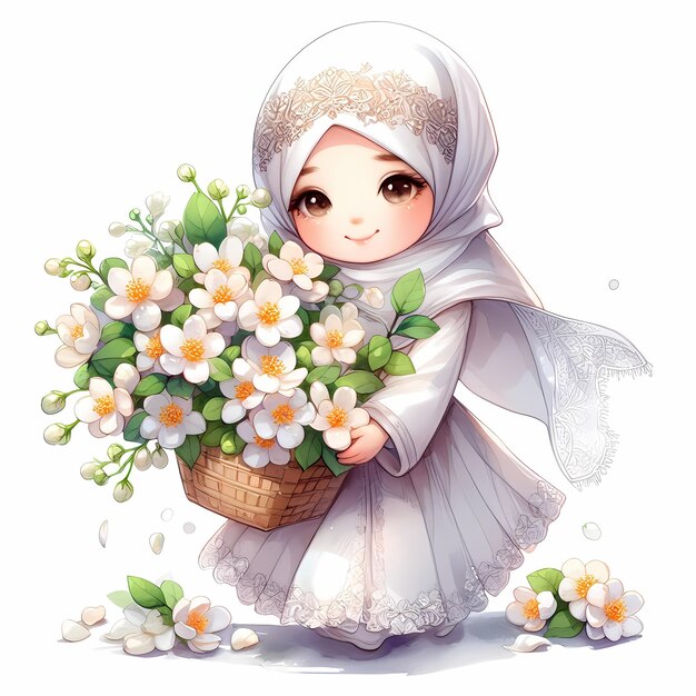 hijab girl with jasmine by the lake watercolour