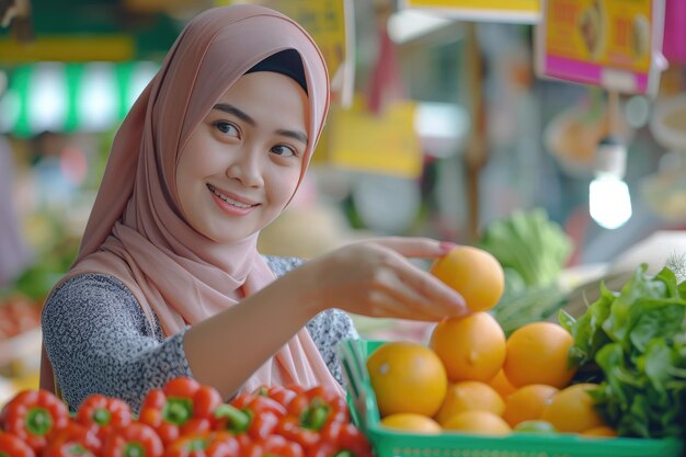 hijab green grocery seller picking vegetable products and putting it into bucket