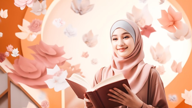 Hijab moslimvrouw die boek leest in de creativiteitsruimte met vliegend papier onderwijsconcept