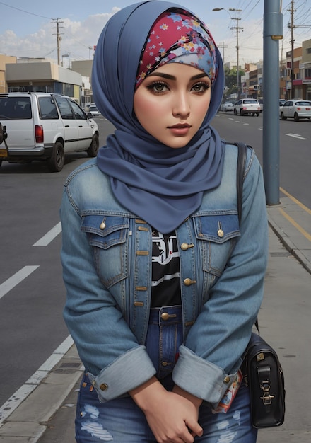 Hijab vrouw straat outfit in video game vector kunststijl