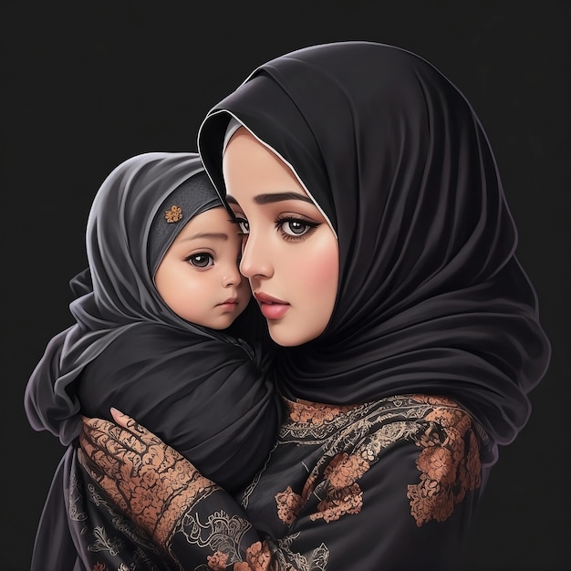 黒い背景で赤ちゃんを抱くヒジャブの女性