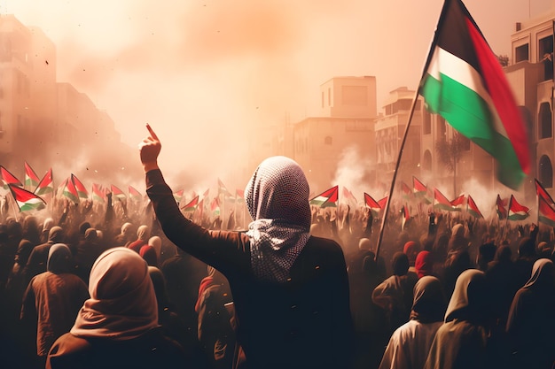 ヒジャブを着た女性がパレスチナ国家の解放を擁護する人道的な行動を行っています