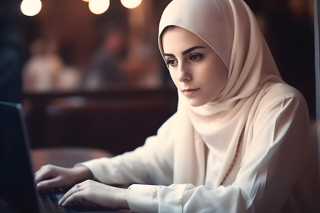 A hijab woman sits in a cafe and works on her laptop