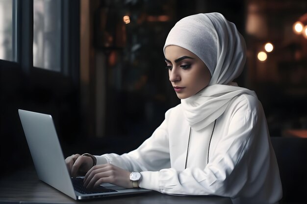 A hijab woman sits in a cafe and works on her laptop