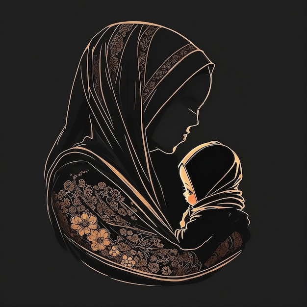 a hijab woman with a baby in her arms and a black background