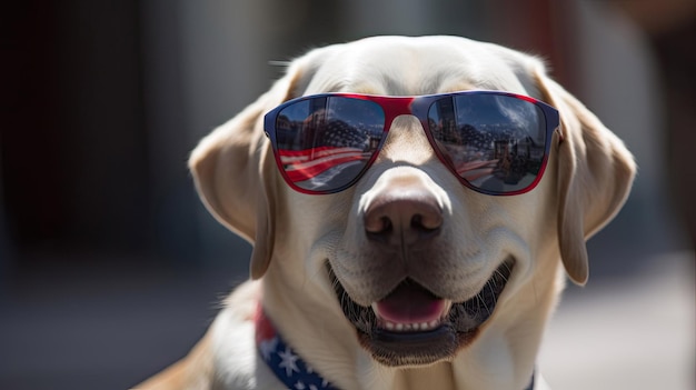 Foto hijgende labrador retriever-hond buiten met een patriottische zonnebril op 4 juli