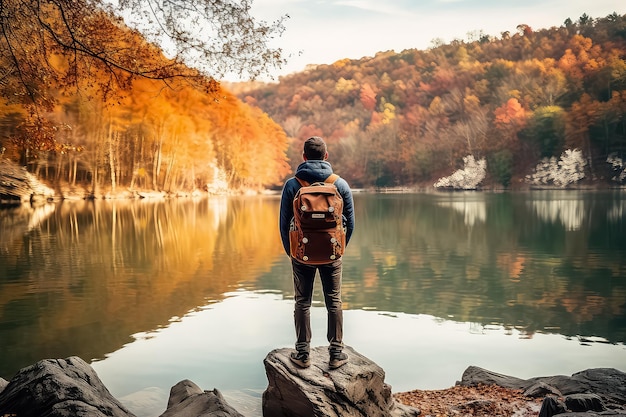 Hike on top of a mountn cliff landscape and trekking in autumn time