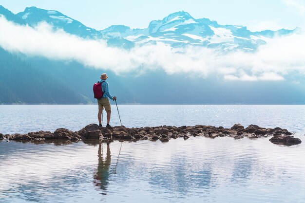 Hike to turquoise waters of picturesque Garibaldi Lake near Whistler, BC, Canada. Very popular hike destination in British Columbia.