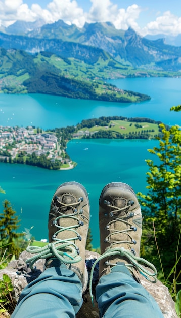 Foto un escursionista che ammira la vista panoramica del lago e del fiume dalla cima della montagna in un paesaggio avventuroso