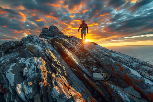 Photo hiker approaching summit at sunrise