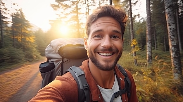 Hiker capturing a selfportrait amidst lush woodland scenery during a backpacking expedition