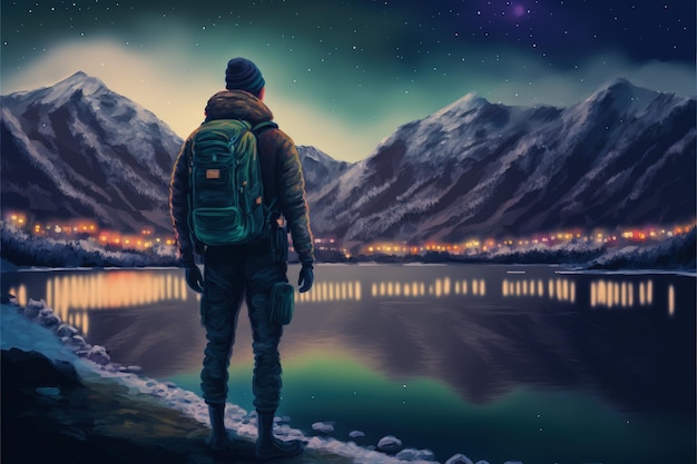 Путешественник с рюкзаком любуется горами и красочным полярным сиянием в ночном пейзаже Фантастическая концепция Иллюстрация живопись Генеративный ИИ