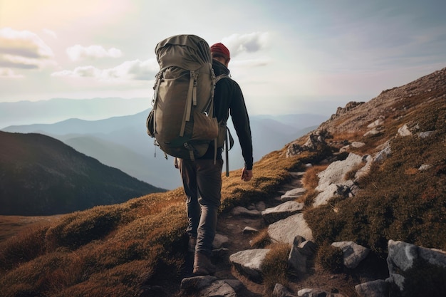 Hiker carrying a large backpack walks along a winding mountain trail showing his grit