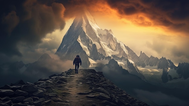 Hiker on Chamonix ridge with storm clouds and mountain trail